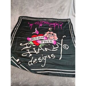 Ed Hardy Born Free Scarf Black Pink Heart Rose Tattoo Graphic Square Wrap 41x41